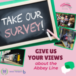An image saying Take our Survey with pictures of activities involving trains