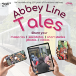 Poster of train scenes. Requesting passengers to share their stories about the Abbey Line train line