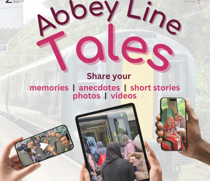 Poster of train scenes. Requesting passengers to share their stories about the Abbey Line train line