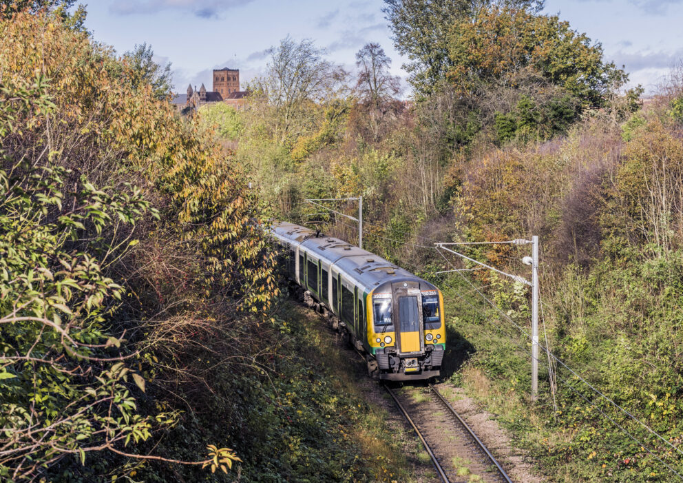 A train travelling through countryside