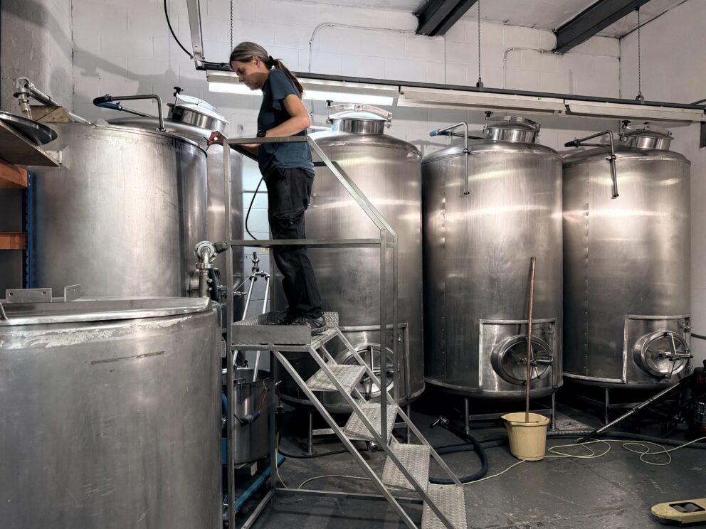 A person checking on a vat of brewing beer