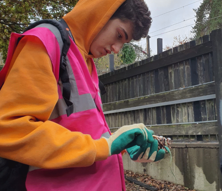A student in a community garden