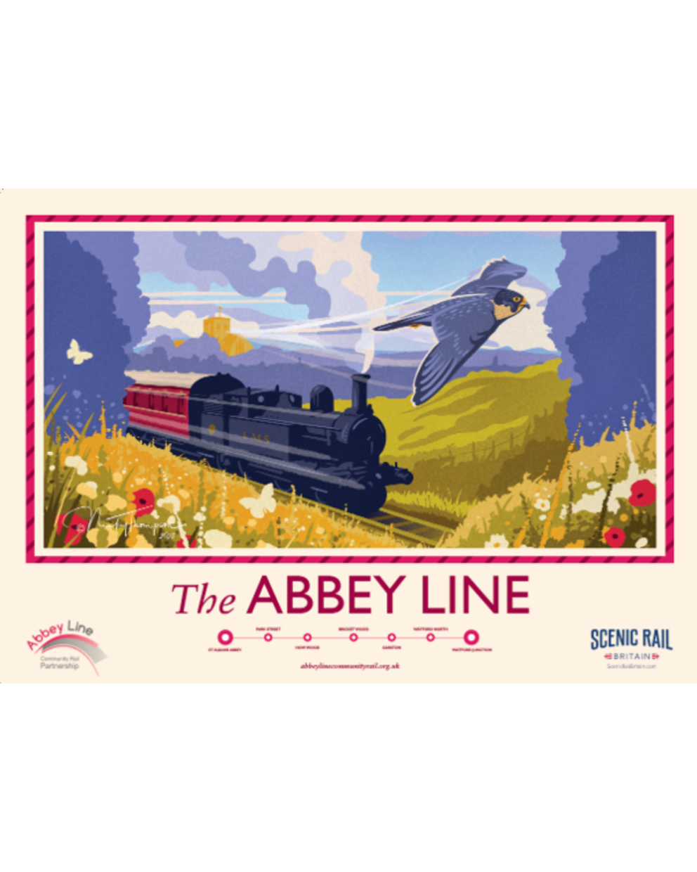 An image promoting the Abbey Line. A 1930s steam train in the countryside with a Peregrine falcon flying overhead
